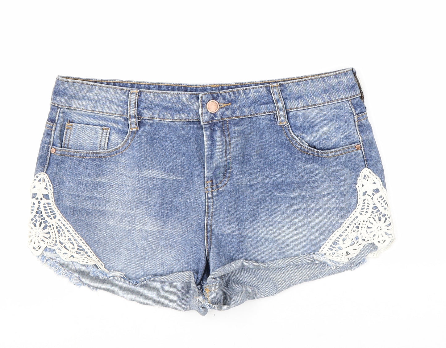 F&F Womens Blue Cotton Hot Pants Shorts Size 12 L4 in Regular Zip - Lace Detail