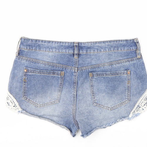F&F Womens Blue Cotton Hot Pants Shorts Size 12 L4 in Regular Zip - Lace Detail