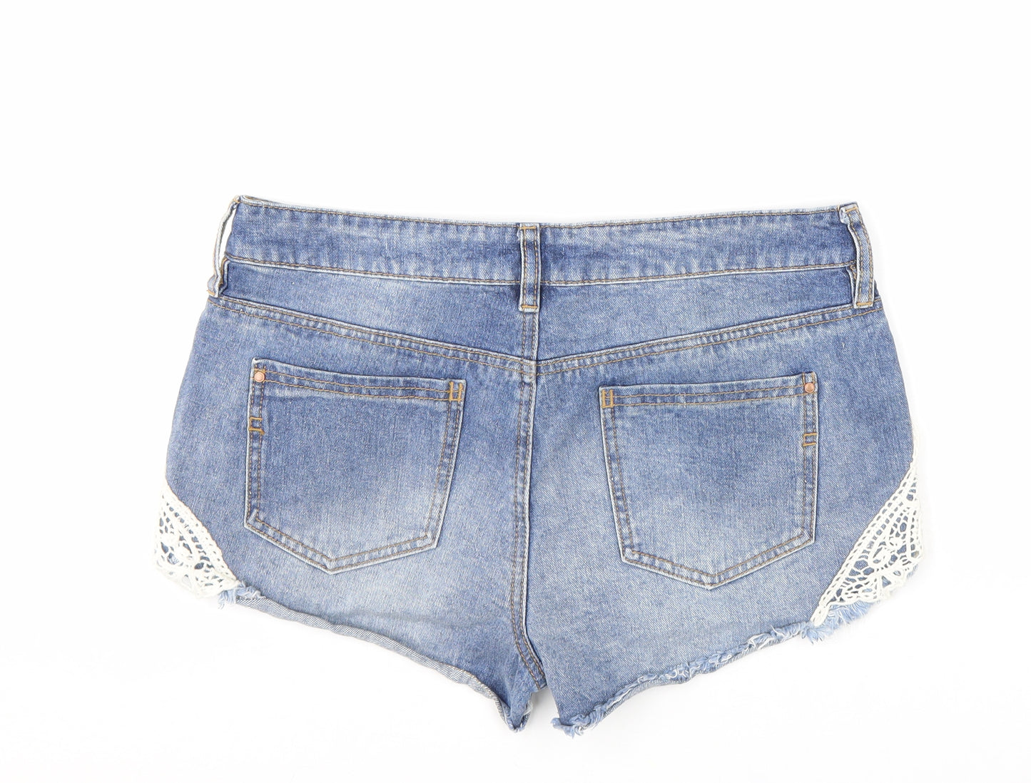 F&F Womens Blue Cotton Hot Pants Shorts Size 12 L4 in Regular Zip - Lace Detail