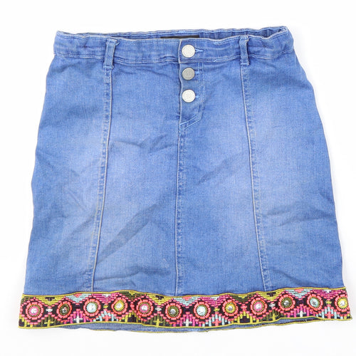 River Island Girls Blue Geometric Cotton Straight & Pencil Skirt Size 12 Years Regular Snap