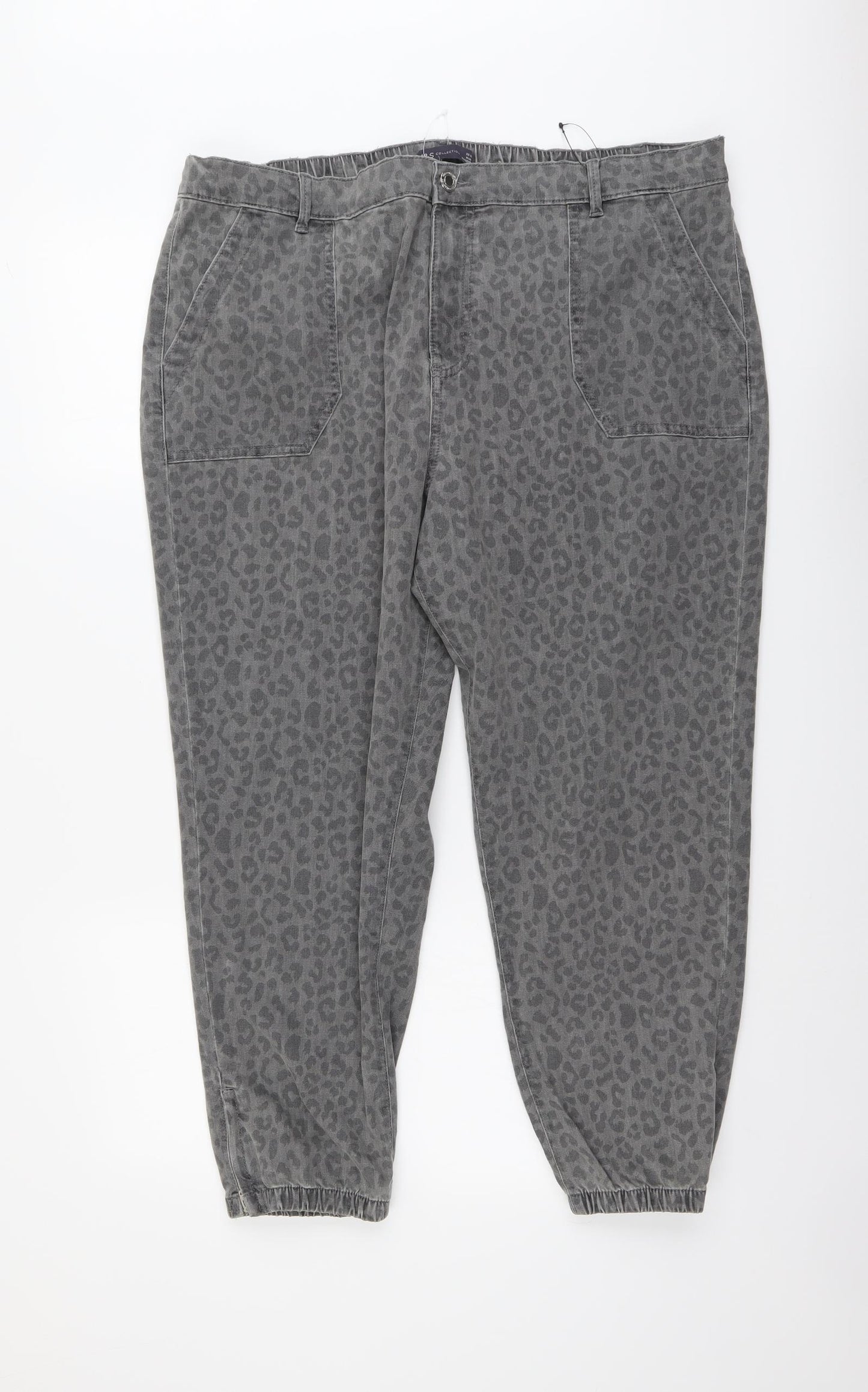 Marks and Spencer Womens Grey Animal Print Cotton Tapered Jeans Size 20 L25 in Regular Button - Leopard Print
