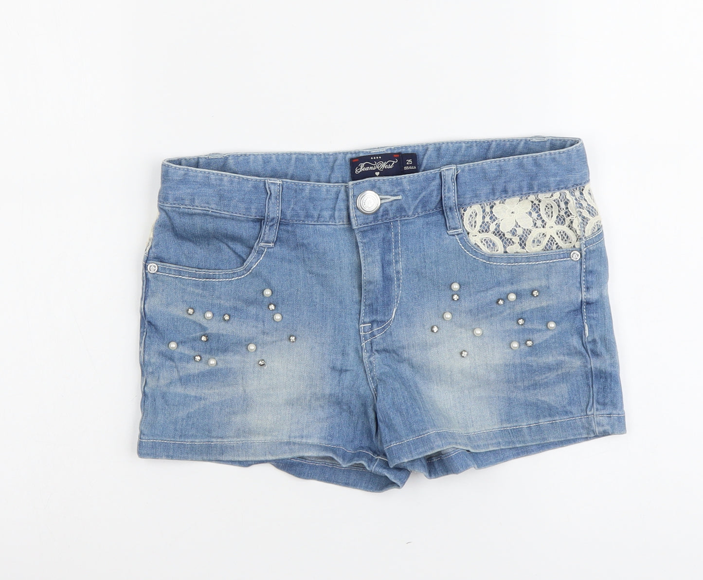 Beans West Womens Blue Cotton Boyfriend Shorts Size 25 in L3 in Regular Button - Lace Detail
