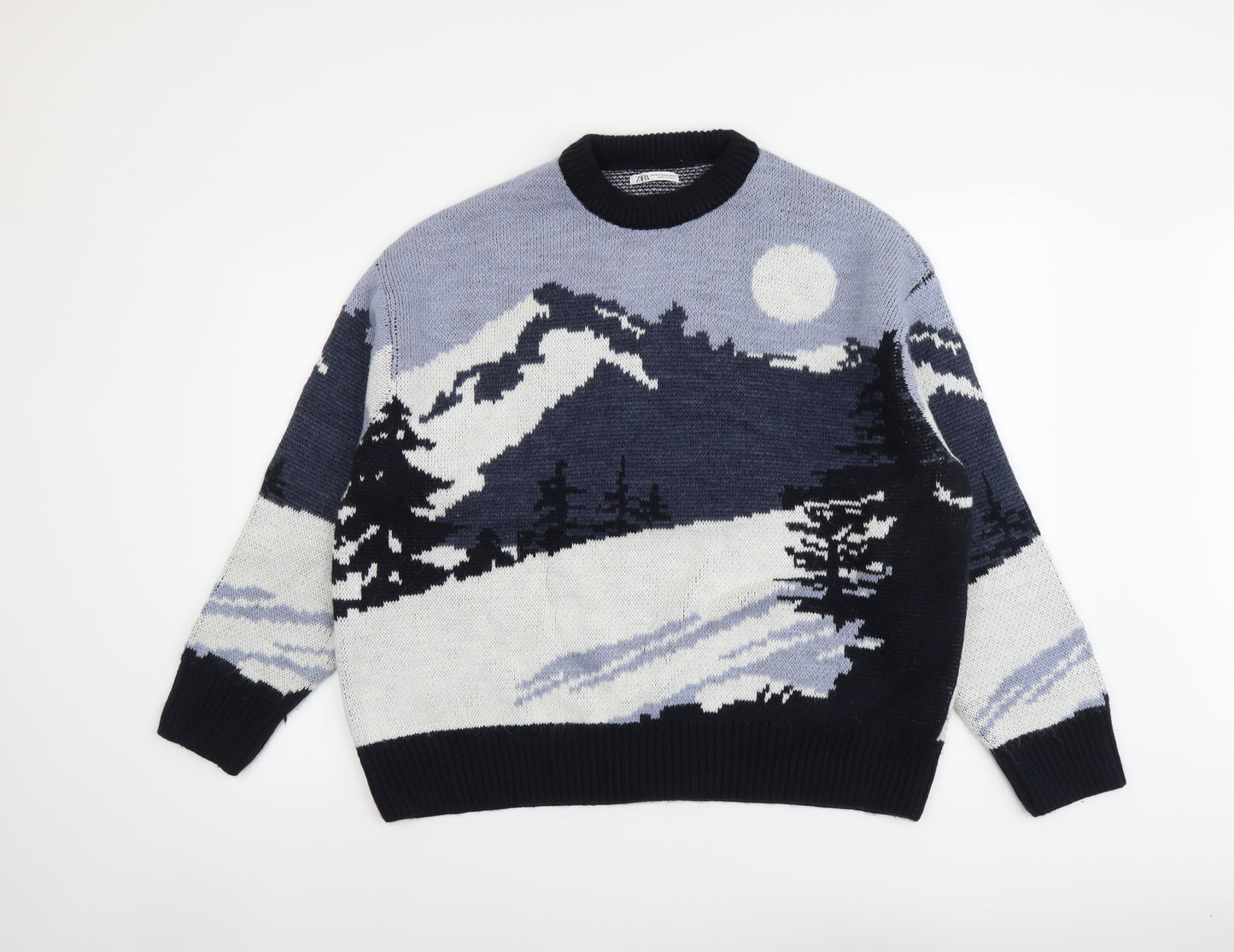 Zara Mens Multicoloured Round Neck Geometric Acrylic Pullover Jumper Size S Long Sleeve - Winterscape