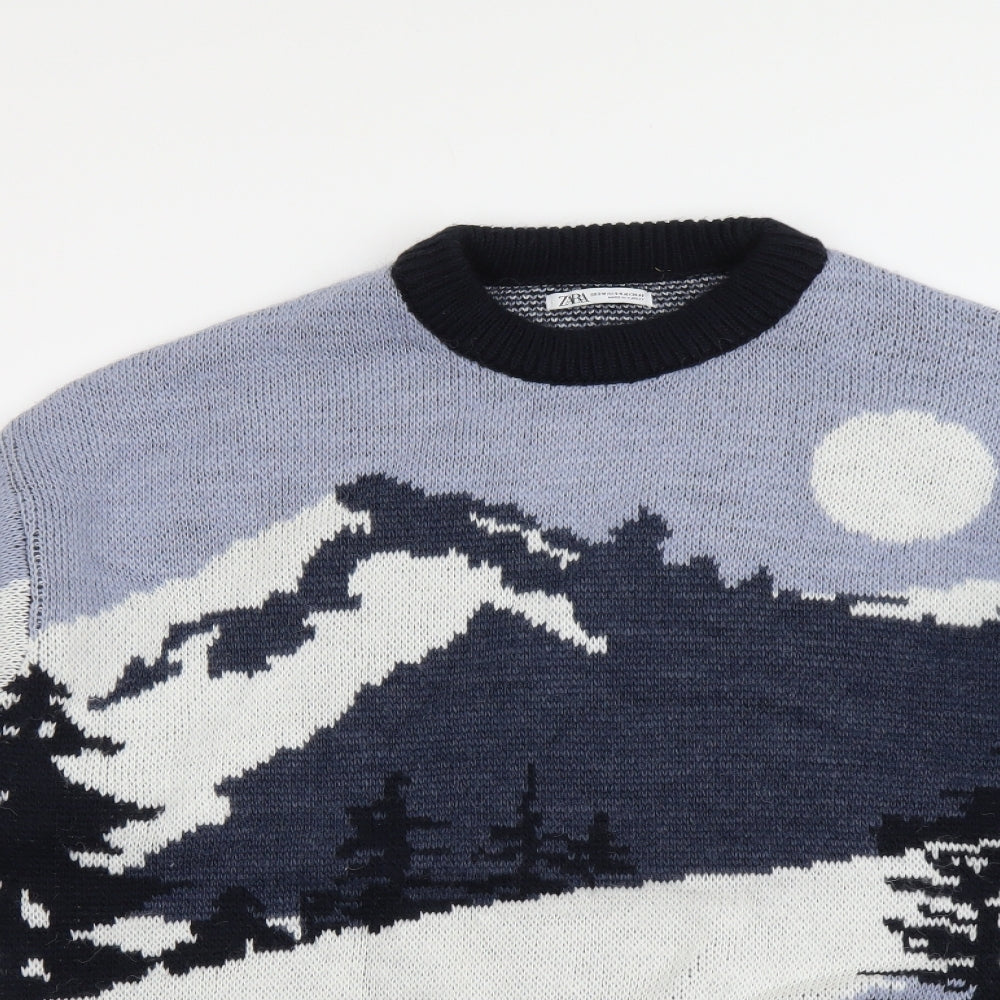 Zara Mens Multicoloured Round Neck Geometric Acrylic Pullover Jumper Size S Long Sleeve - Winterscape