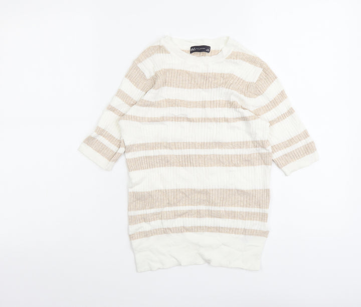 Marks and Spencer Womens Beige Scoop Neck Striped Viscose Pullover Jumper Size 8