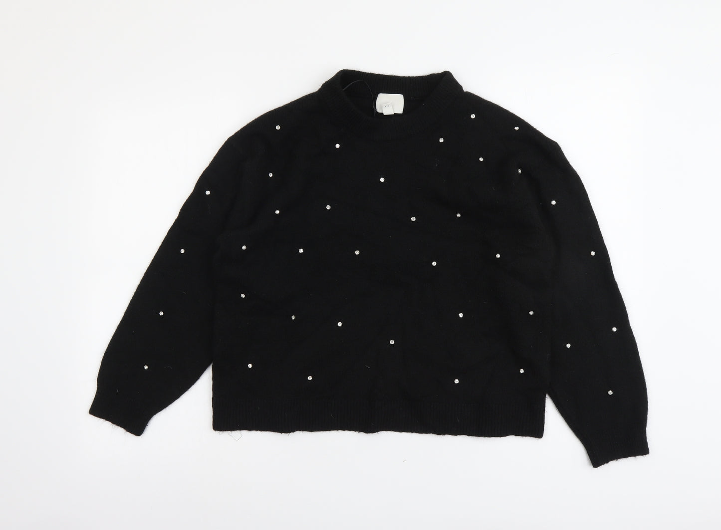 H&M Womens Black Round Neck Polka Dot Polyester Pullover Jumper Size S