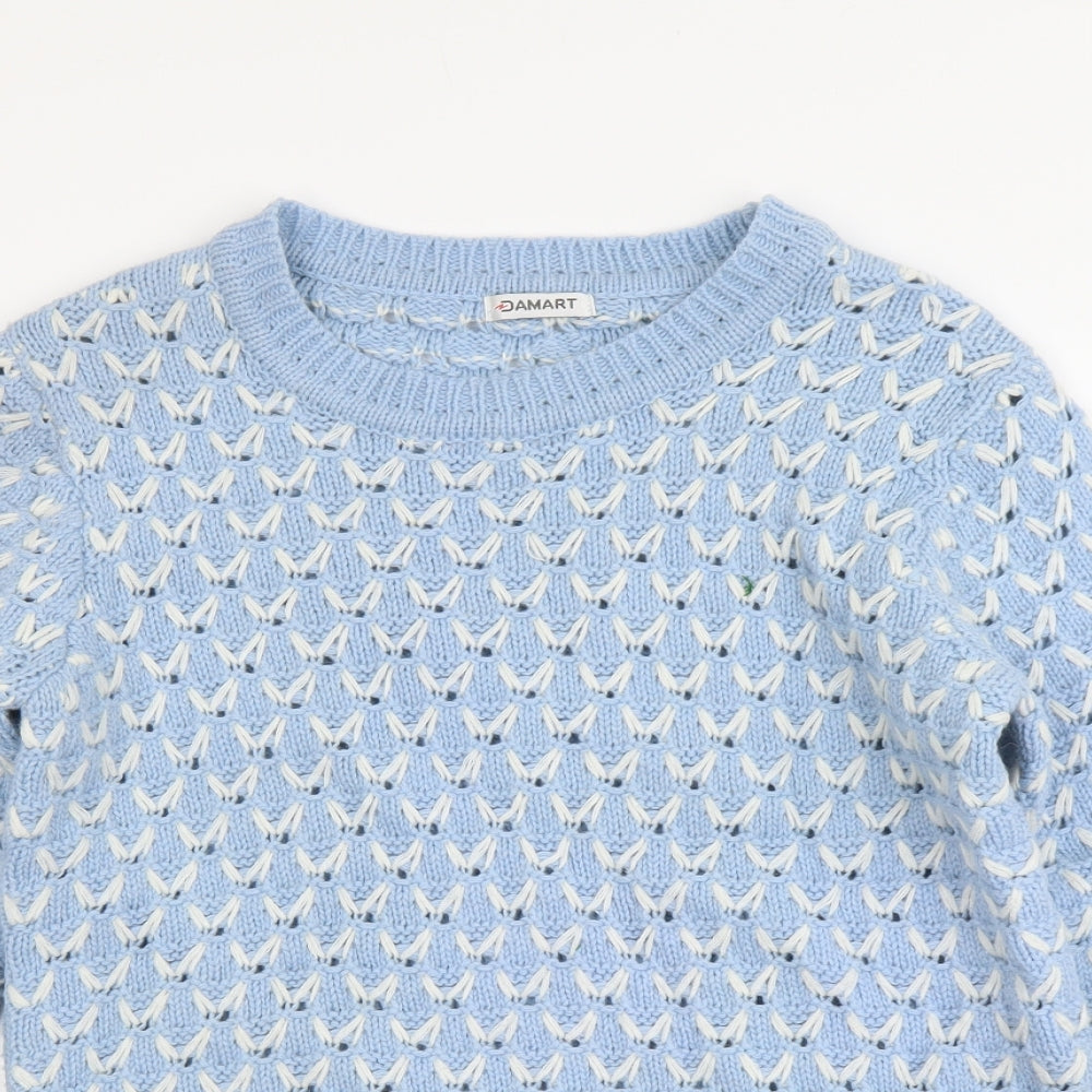 Damart Womens Blue Scoop Neck Geometric Acrylic Pullover Jumper Size 10
