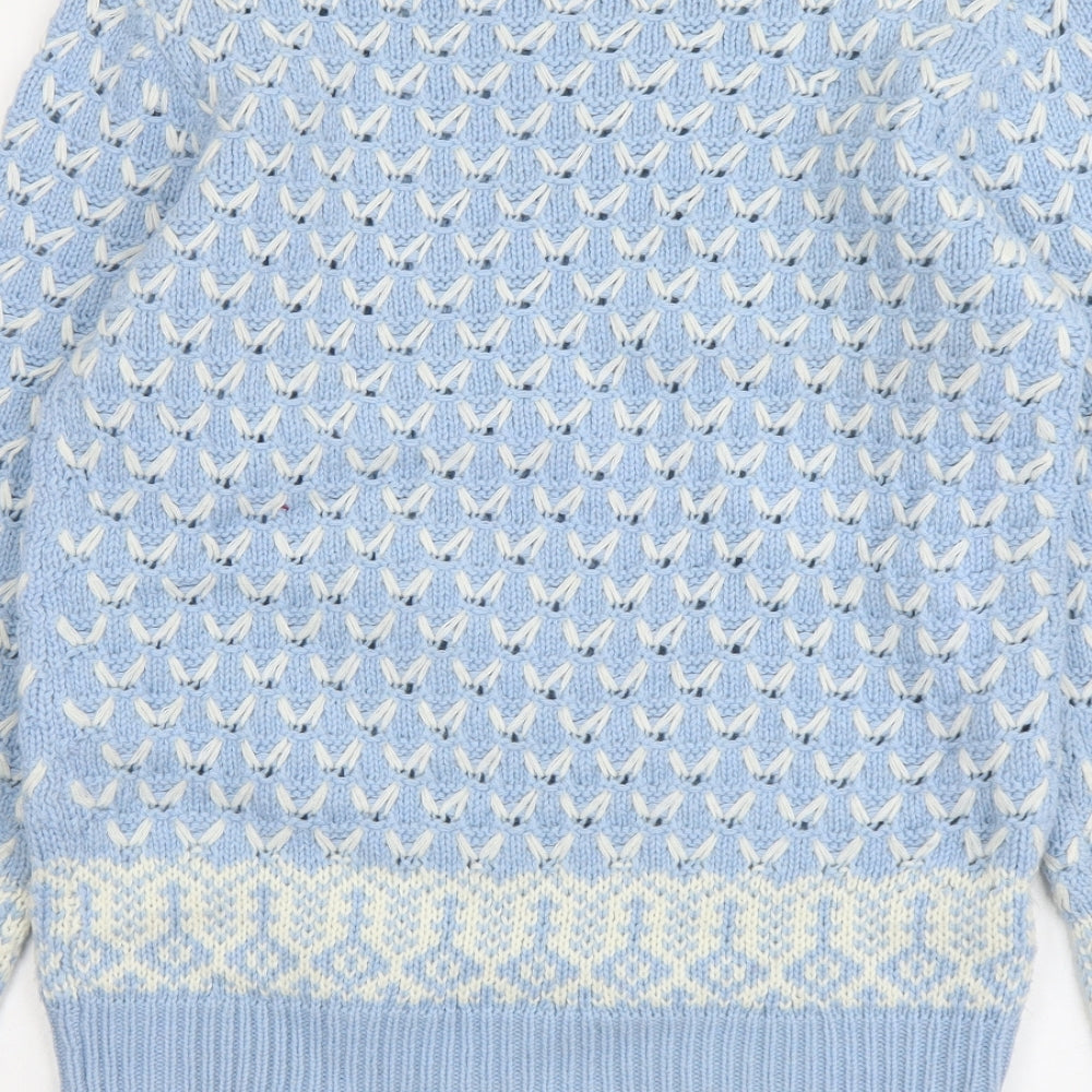 Damart Womens Blue Scoop Neck Geometric Acrylic Pullover Jumper Size 10