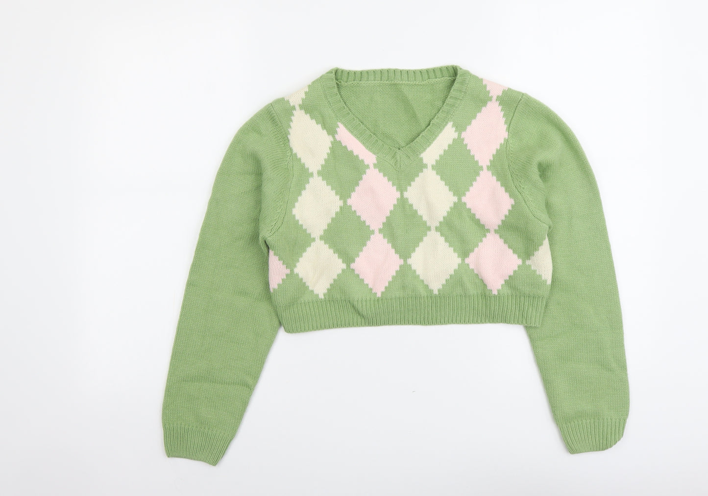 SheIn Womens Green V-Neck Argyle/Diamond Acrylic Pullover Jumper Size S - Cropped