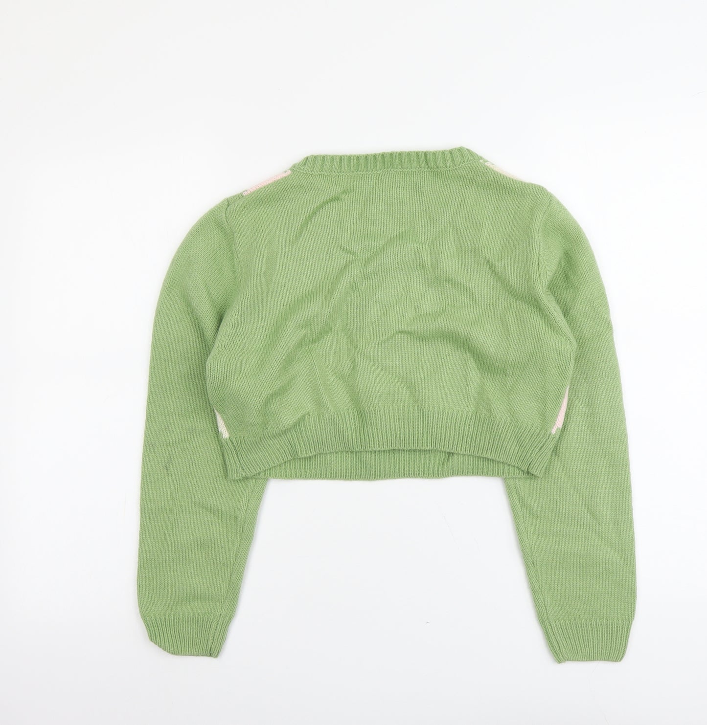 SheIn Womens Green V-Neck Argyle/Diamond Acrylic Pullover Jumper Size S - Cropped