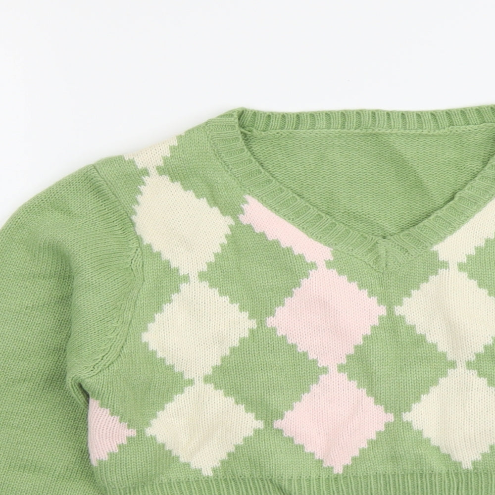 SheIn Womens Green V-Neck Argyle/Diamond Acrylic Pullover Jumper Size S - Cropped
