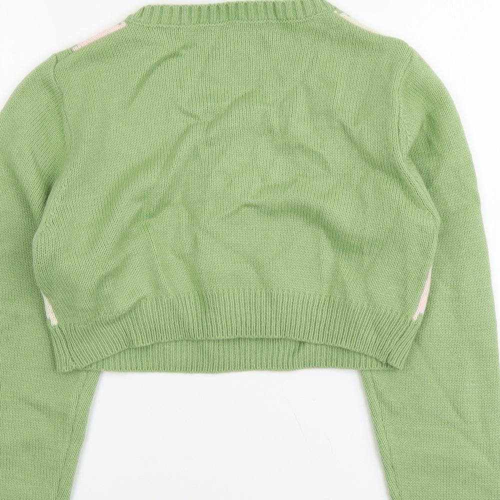 SheIn Womens Green V-Neck Argyle/Diamond Acrylic Pullover Jumper Size S - Cropped