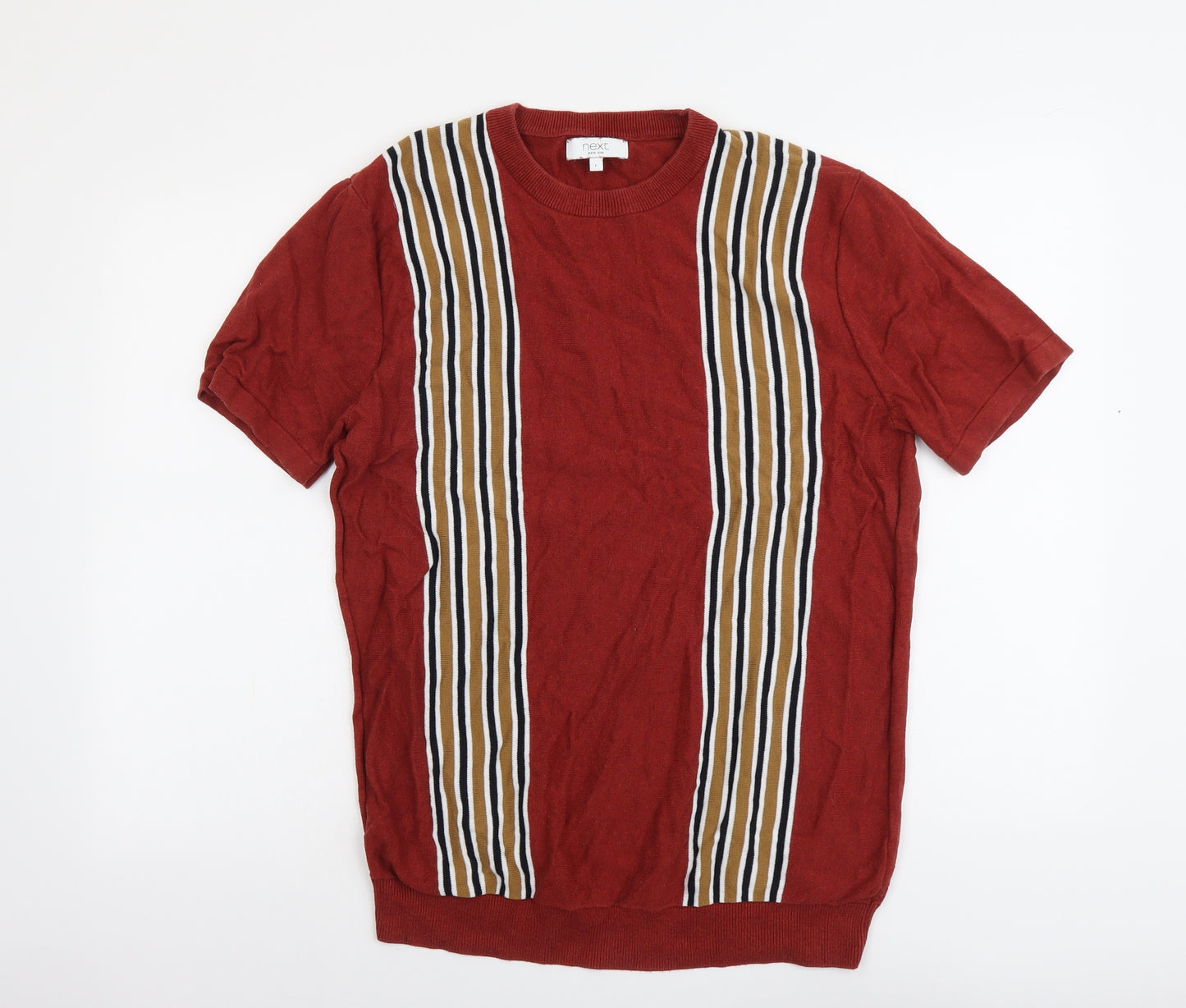 NEXT Mens Red Round Neck Striped Cotton Pullover Jumper Size L Short Sleeve
