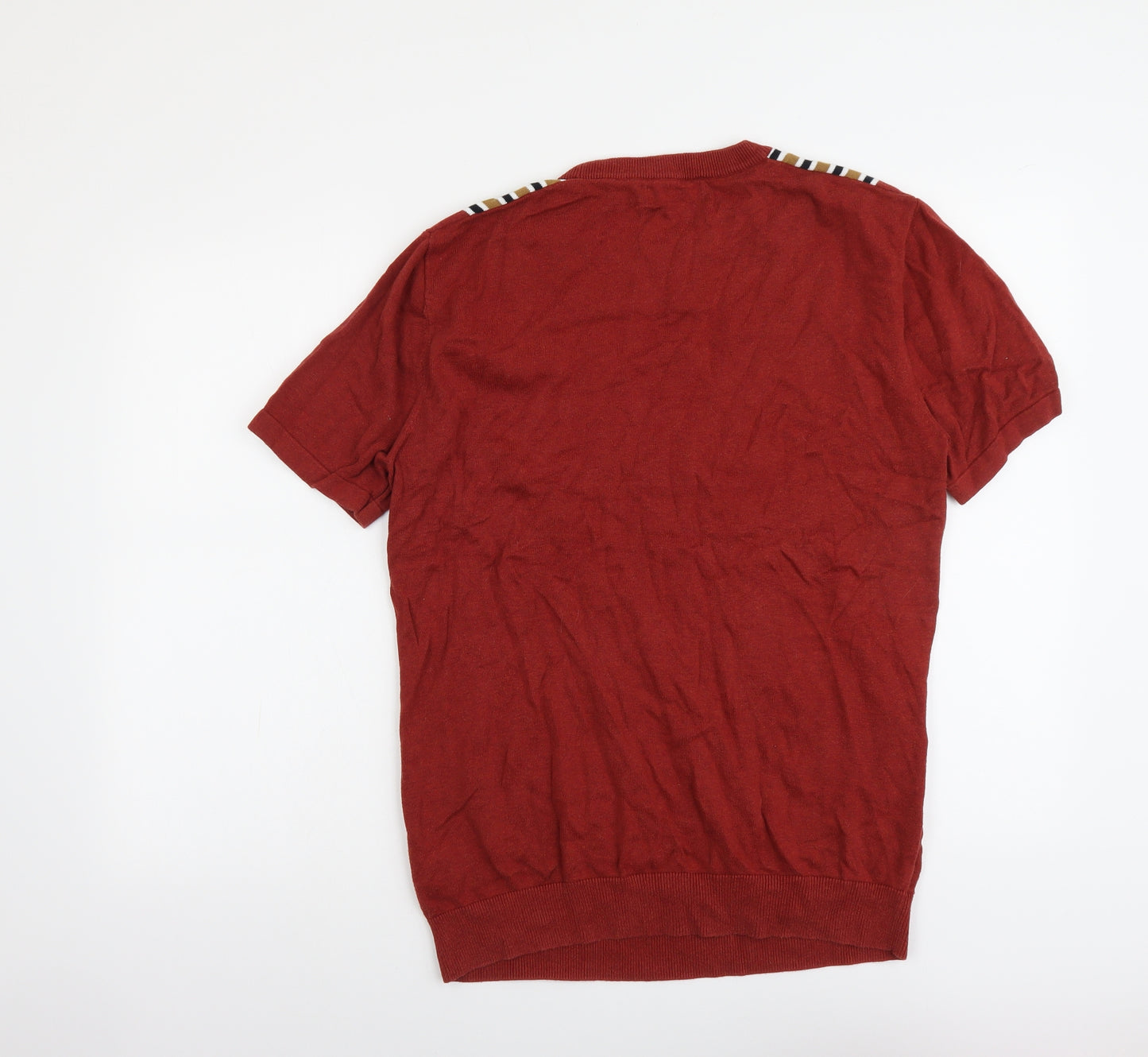 NEXT Mens Red Round Neck Striped Cotton Pullover Jumper Size L Short Sleeve
