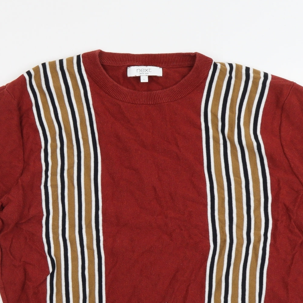 NEXT Mens Red Round Neck Striped Cotton Pullover Jumper Size L Short Sleeve