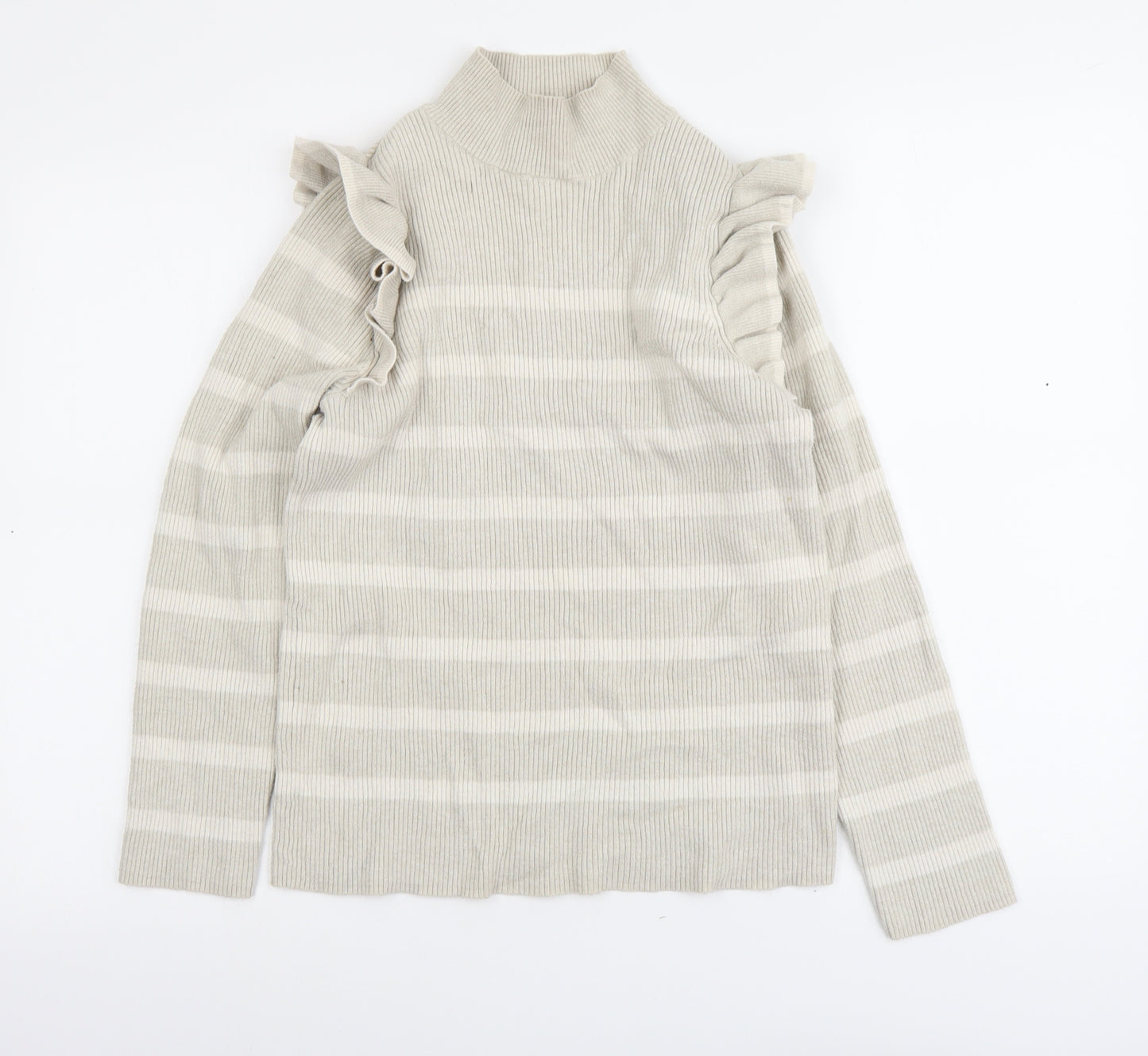 F&F Womens Beige Mock Neck Striped Viscose Pullover Jumper Size 18 - Ribbed