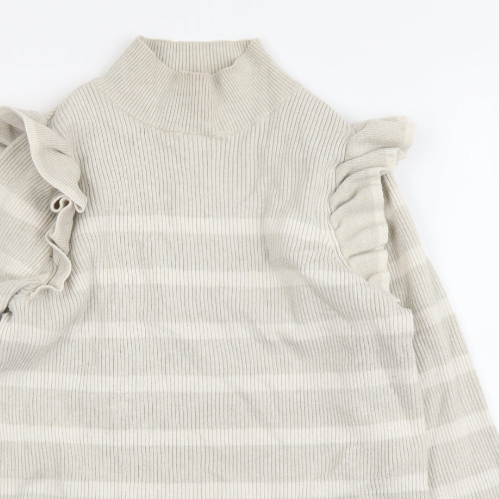 F&F Womens Beige Mock Neck Striped Viscose Pullover Jumper Size 18 - Ribbed