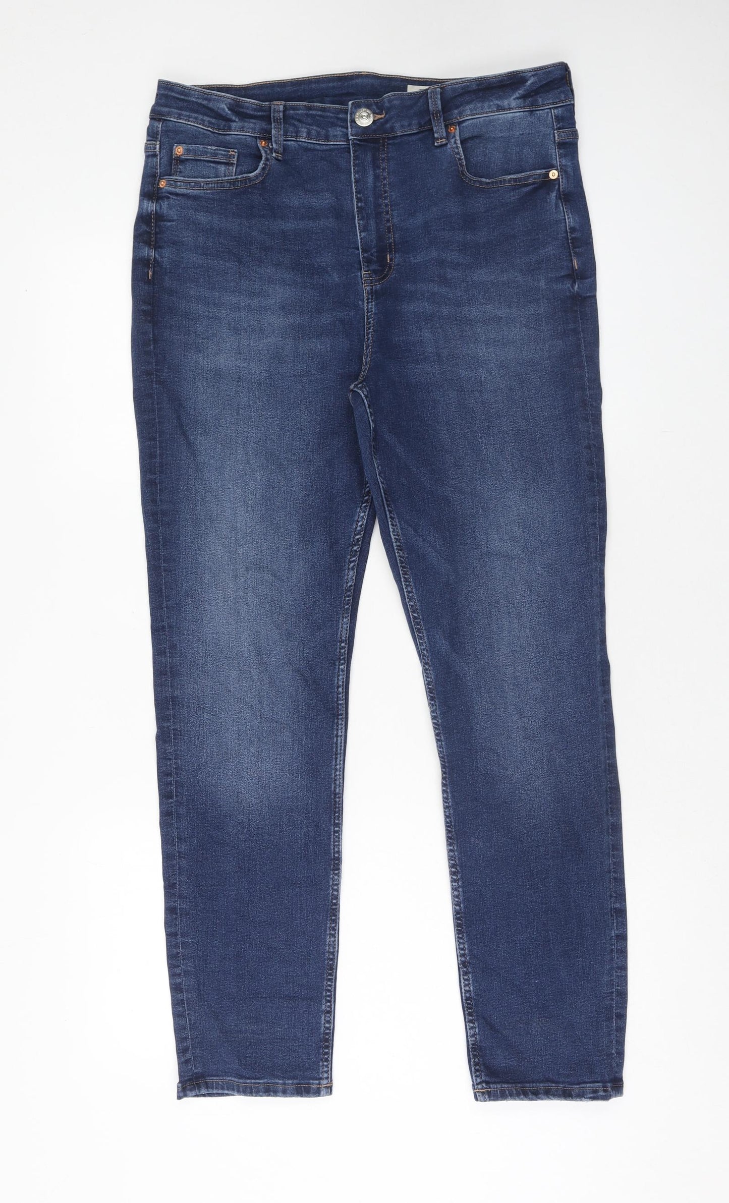 Marks and Spencer Womens Blue Cotton Tapered Jeans Size 16 Slim Zip
