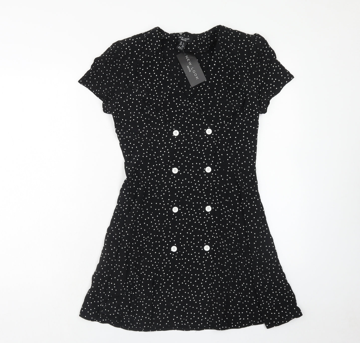 New Look Womens Black Polka Dot Polyester Mini Size 6 V-Neck Button