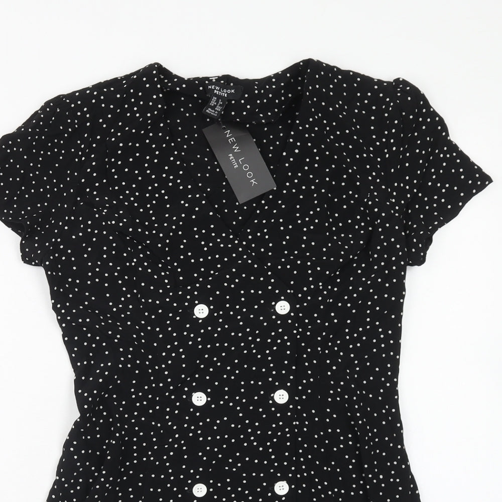 New Look Womens Black Polka Dot Polyester Mini Size 6 V-Neck Button