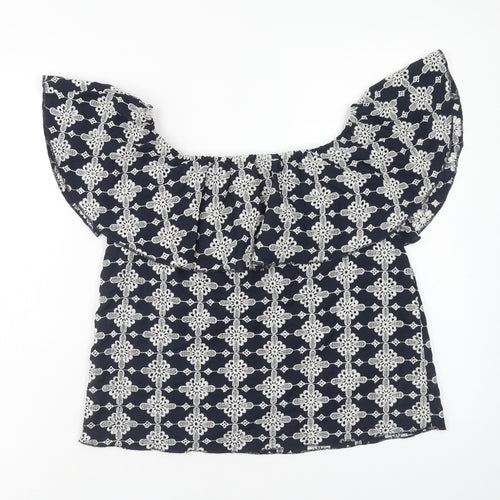 Zara Womens Blue Geometric Polyester Basic Blouse Size M Off the Shoulder