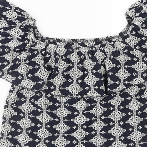 Zara Womens Blue Geometric Polyester Basic Blouse Size M Off the Shoulder