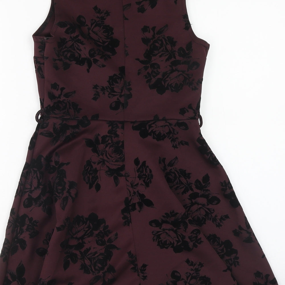 New Look Womens Purple Floral Polyester Skater Dress Size 8 Boat Neck Pullover