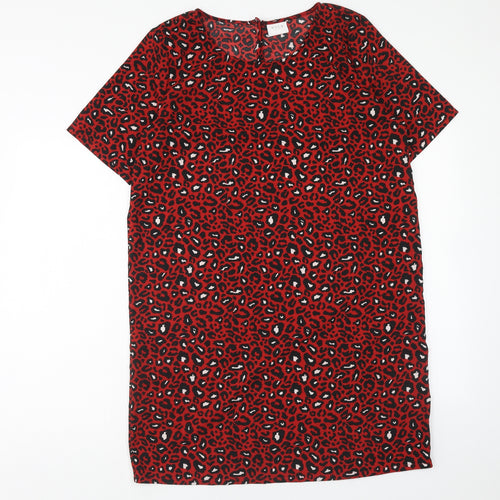 VILA Womens Red Animal Print Polyester T-Shirt Dress Size L Boat Neck Button - Leopard Print