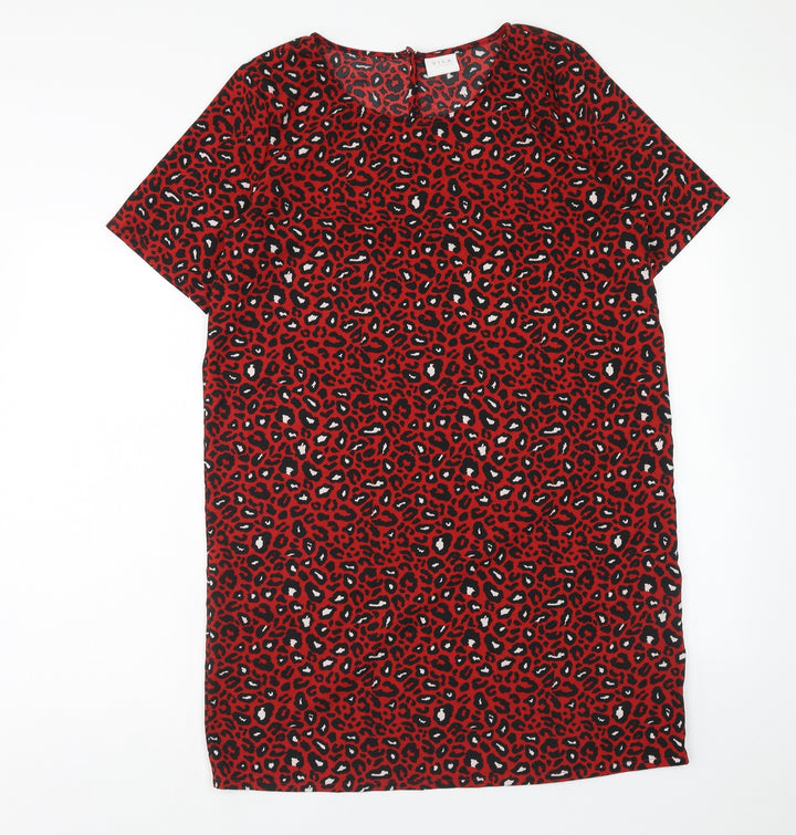 VILA Womens Red Animal Print Polyester T-Shirt Dress Size L Boat Neck Button - Leopard Print