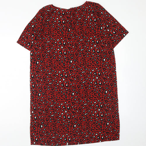 VILA Womens Red Animal Print Polyester T-Shirt Dress Size L Boat Neck Button - Leopard Print
