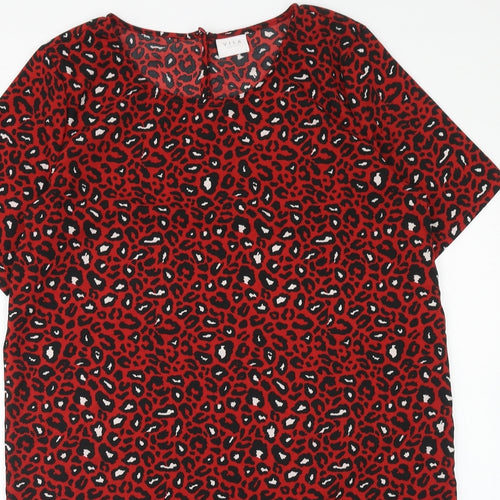 VILA Womens Red Animal Print Polyester T-Shirt Dress Size L Boat Neck Button - Leopard Print