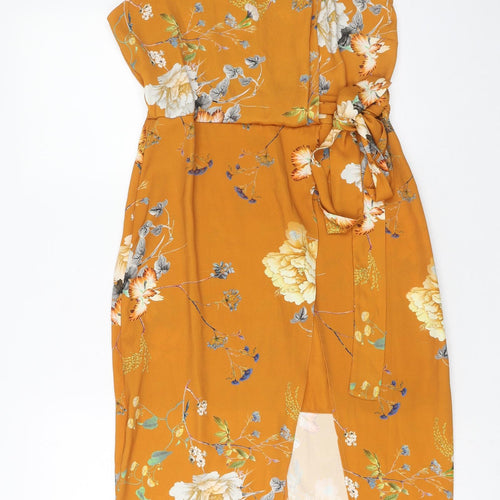 River Island Womens Yellow Floral Polyester Wrap Dress Size 10 Mock Neck Zip