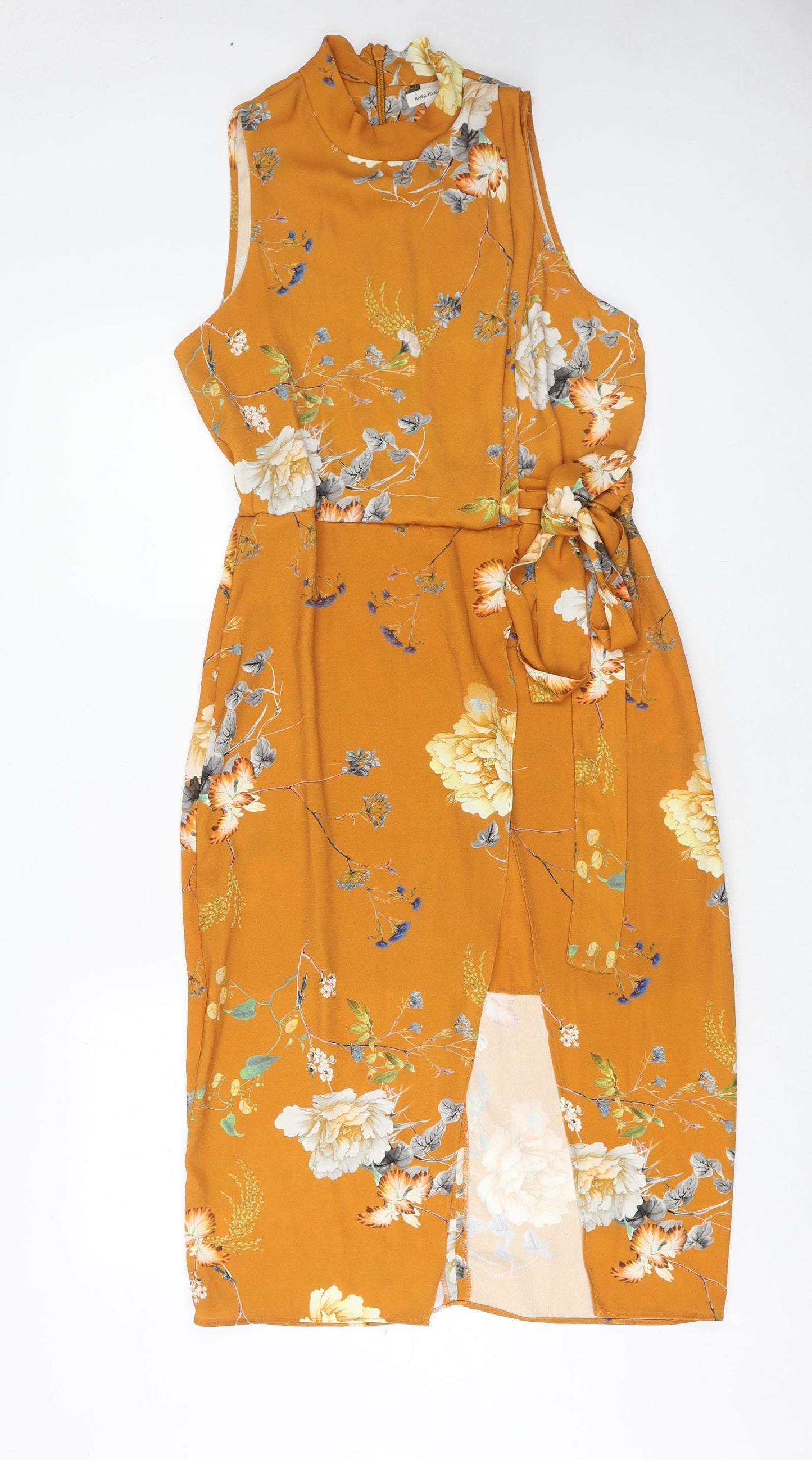 River Island Womens Yellow Floral Polyester Wrap Dress Size 10 Mock Neck Zip