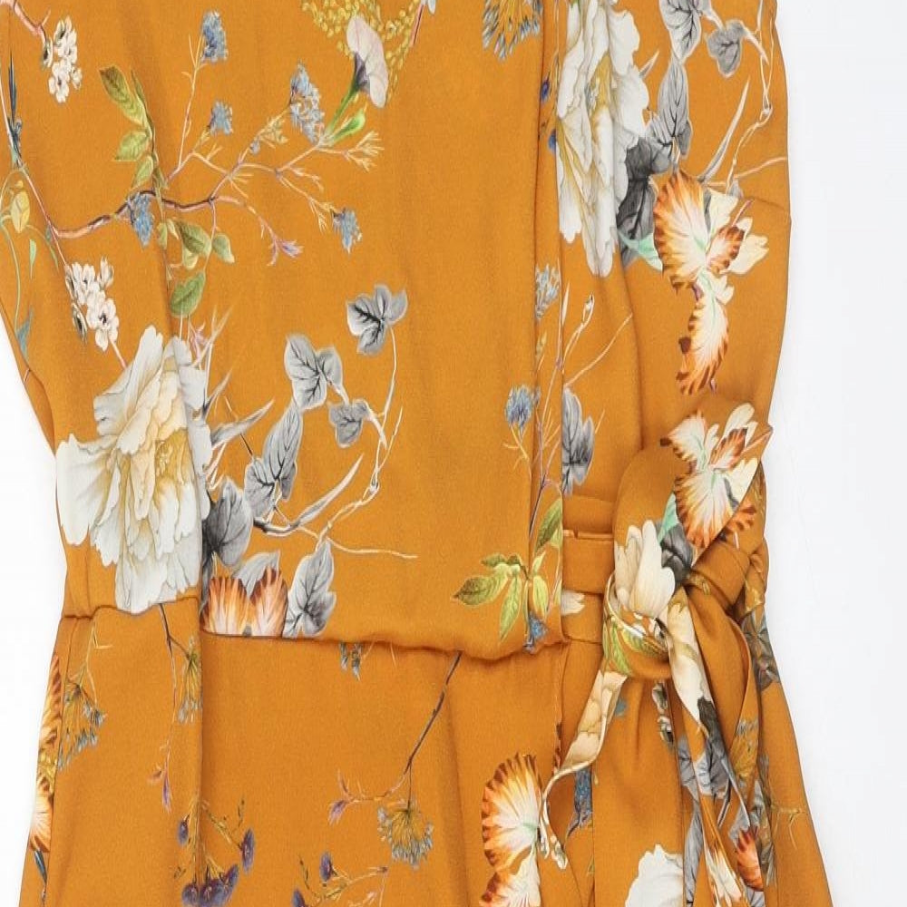 River Island Womens Yellow Floral Polyester Wrap Dress Size 10 Mock Neck Zip