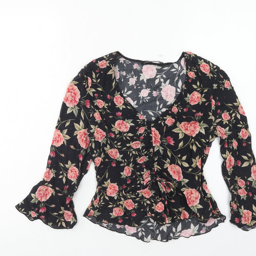 Zara Womens Black Floral Viscose Basic Blouse Size M V-Neck