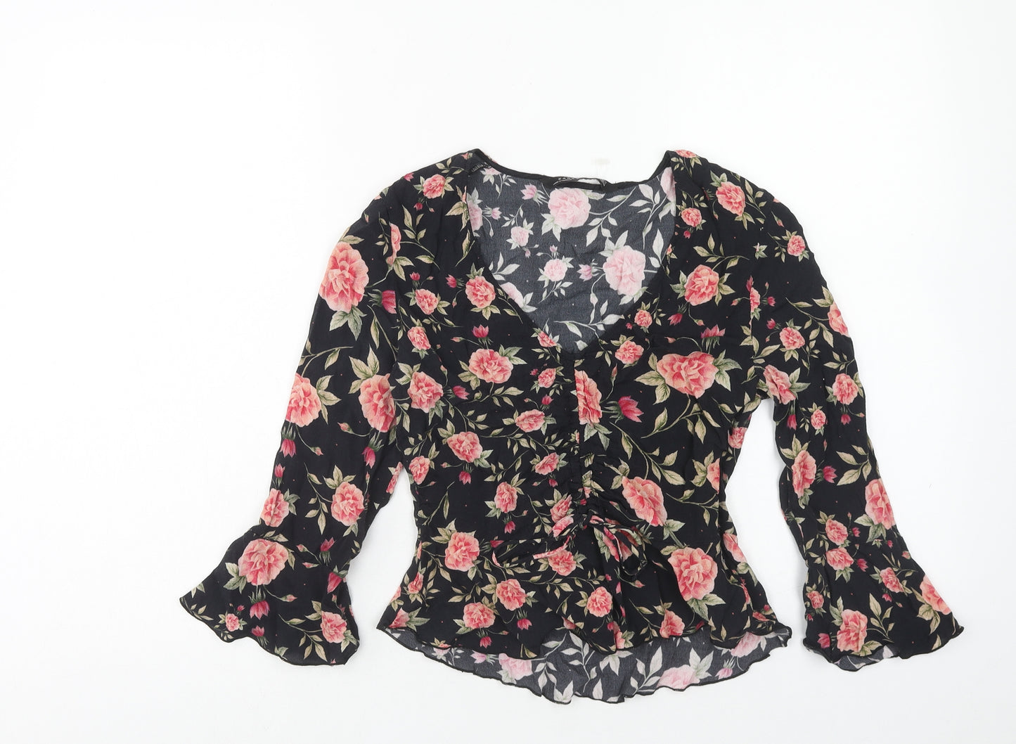 Zara Womens Black Floral Viscose Basic Blouse Size M V-Neck