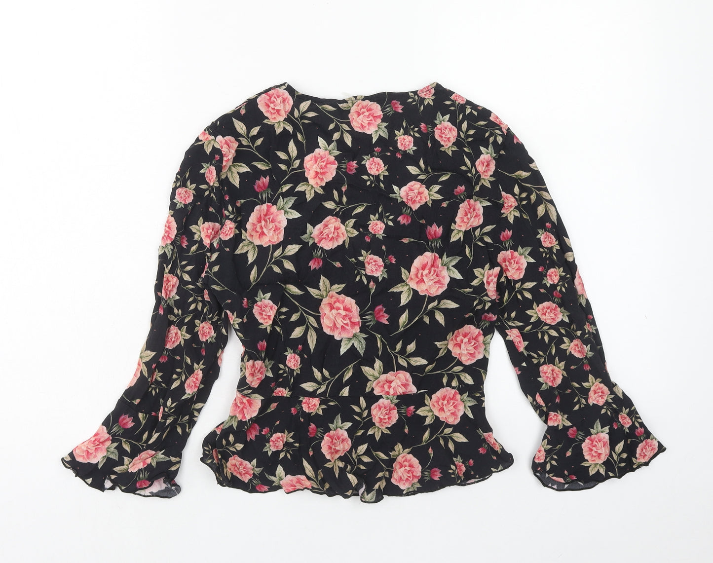Zara Womens Black Floral Viscose Basic Blouse Size M V-Neck