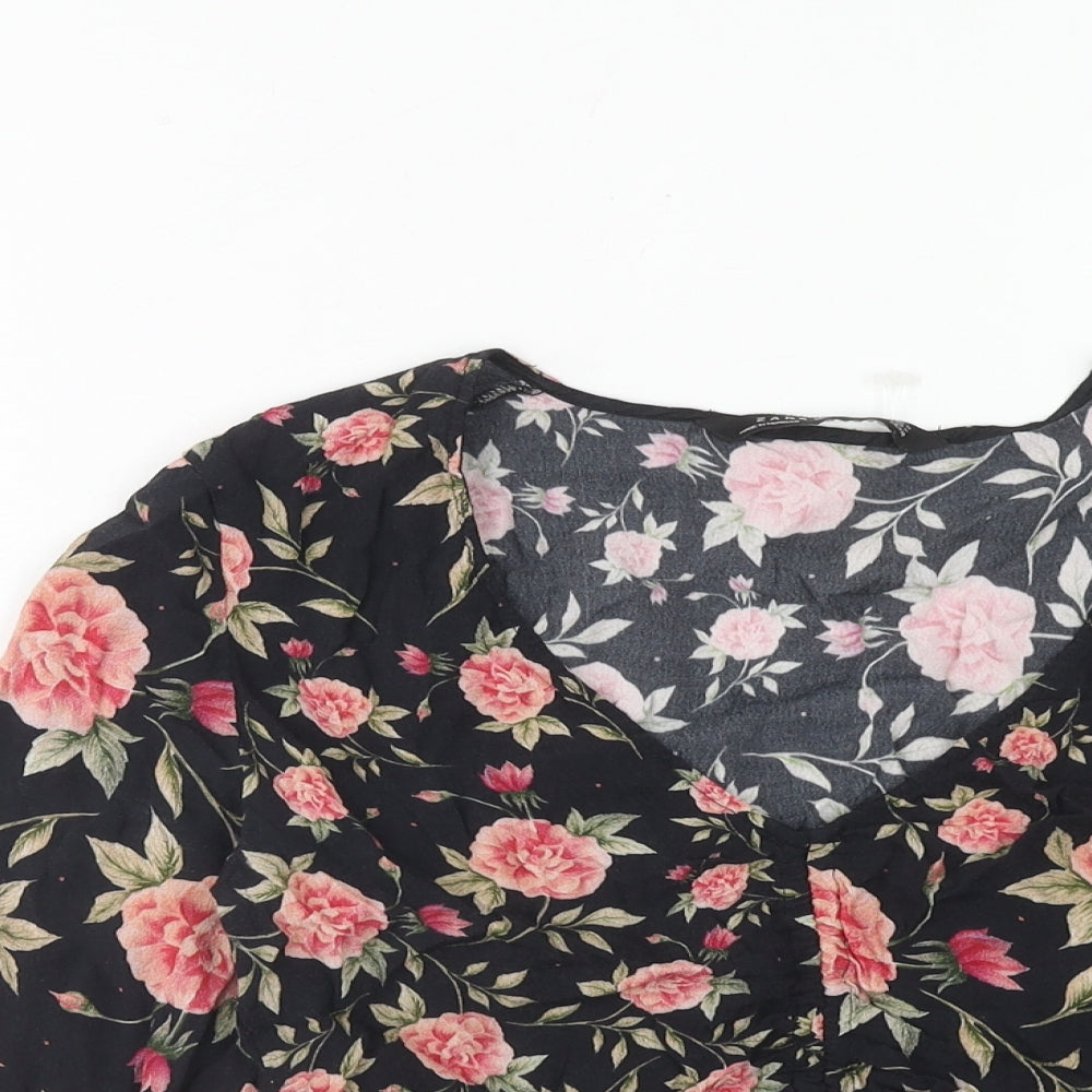 Zara Womens Black Floral Viscose Basic Blouse Size M V-Neck
