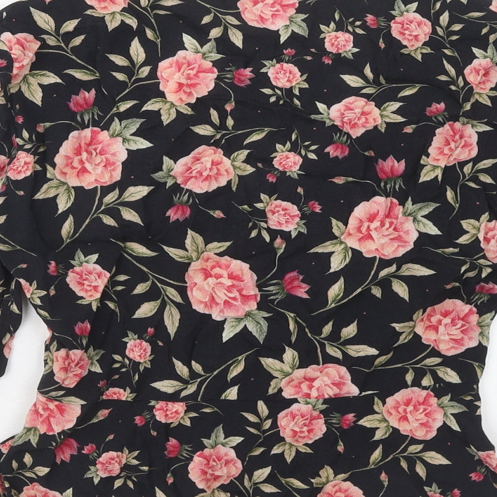 Zara Womens Black Floral Viscose Basic Blouse Size M V-Neck