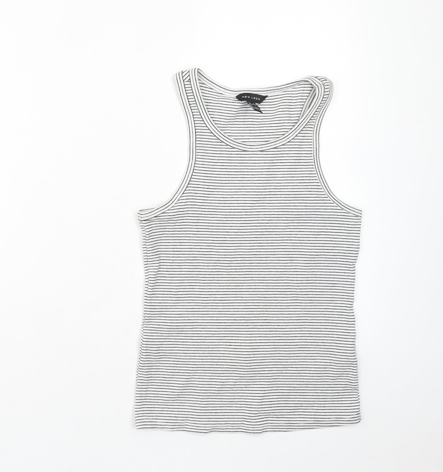 New Look Womens White Striped Cotton Basic Tank Size 14 Boat Neck
