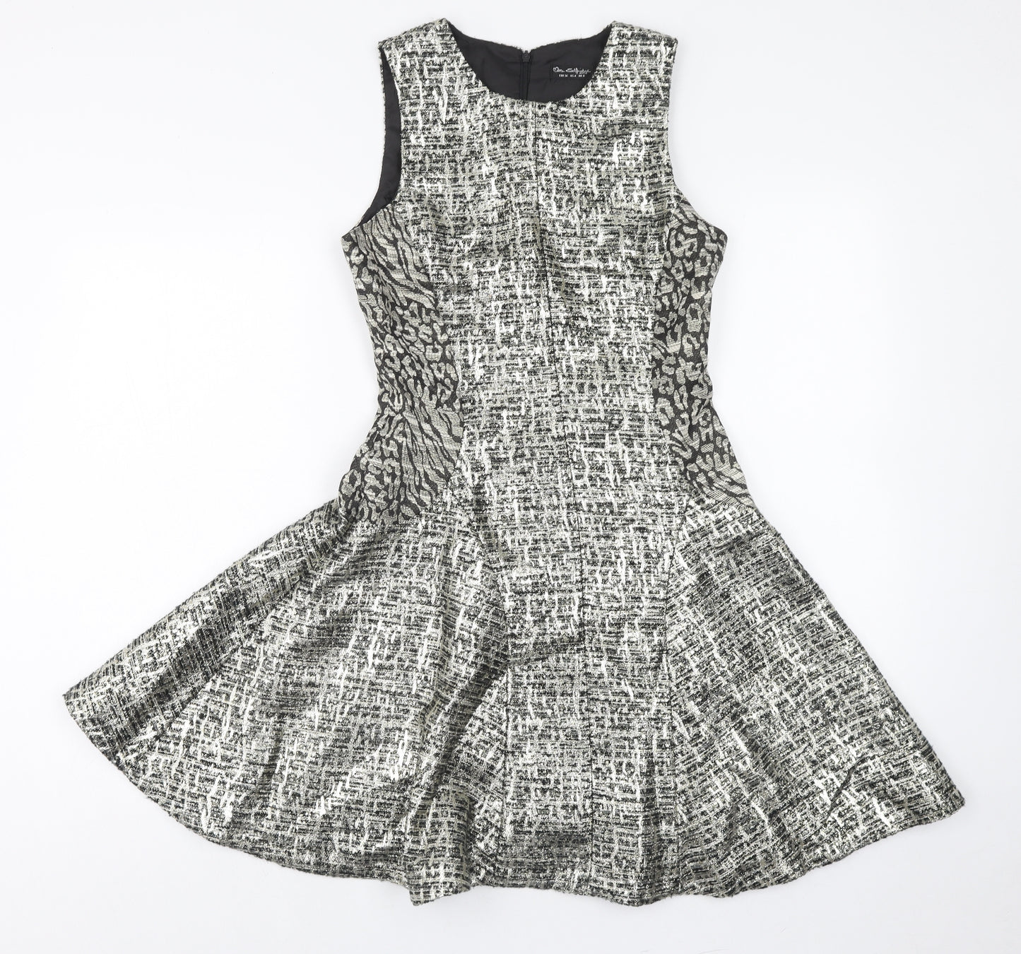 Miss Selfridge Womens Silver Animal Print Polyester Fit & Flare Size 8 Round Neck Zip - Leopard Print