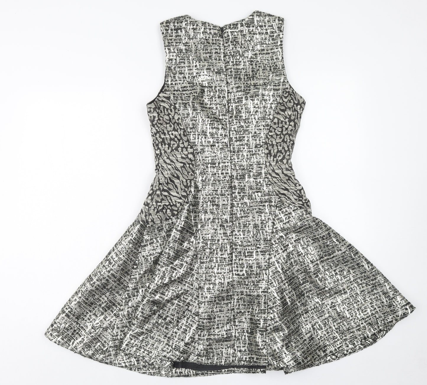 Miss Selfridge Womens Silver Animal Print Polyester Fit & Flare Size 8 Round Neck Zip - Leopard Print