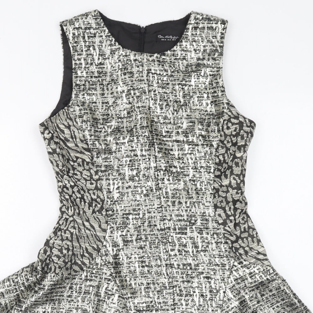 Miss Selfridge Womens Silver Animal Print Polyester Fit & Flare Size 8 Round Neck Zip - Leopard Print
