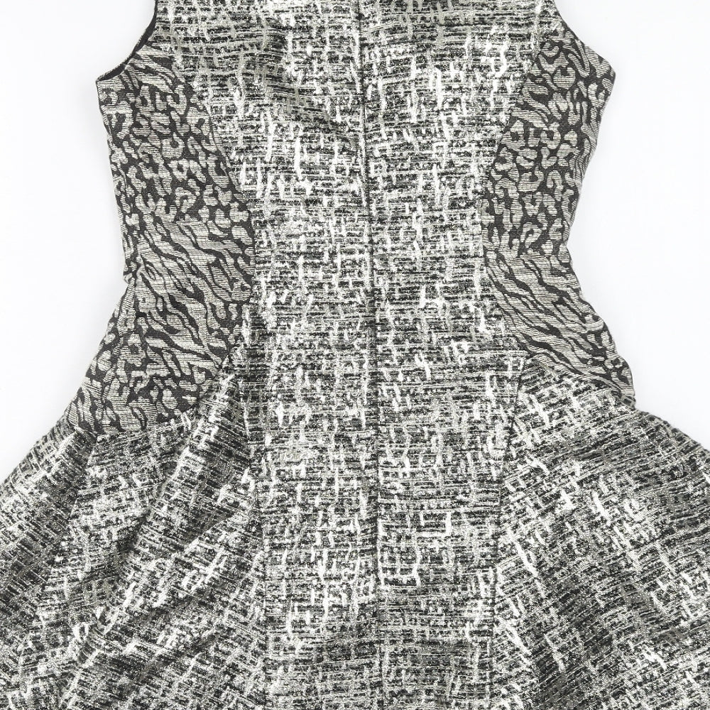 Miss Selfridge Womens Silver Animal Print Polyester Fit & Flare Size 8 Round Neck Zip - Leopard Print