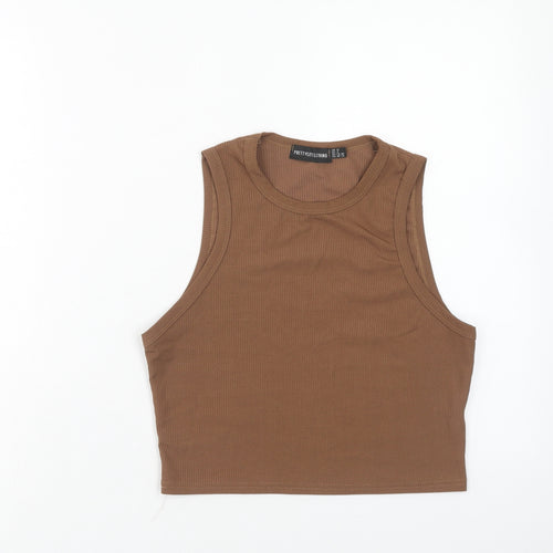 PRETTYLITTLETHING Womens Brown Polyester Cropped Tank Size 12 Scoop Neck - Ribbed