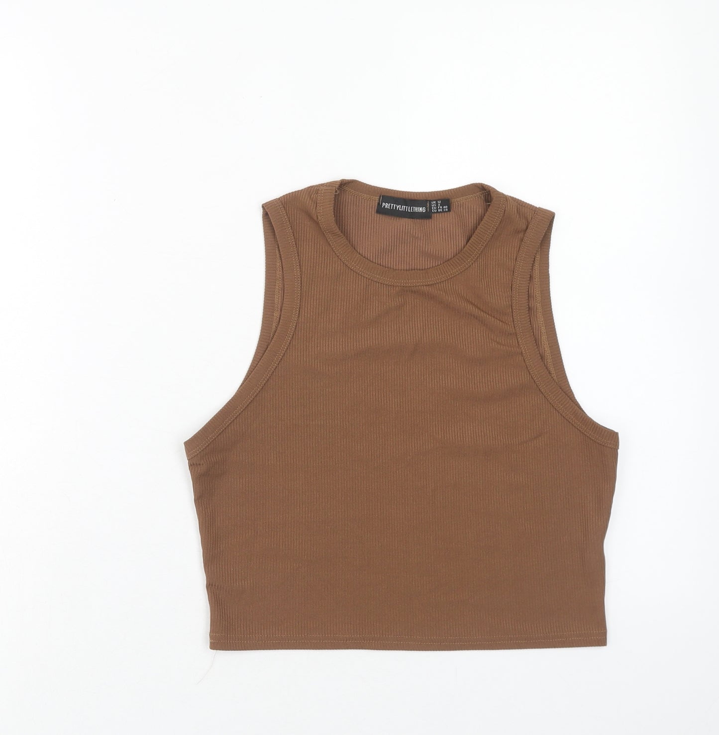 PRETTYLITTLETHING Womens Brown Polyester Cropped Tank Size 12 Scoop Neck - Ribbed