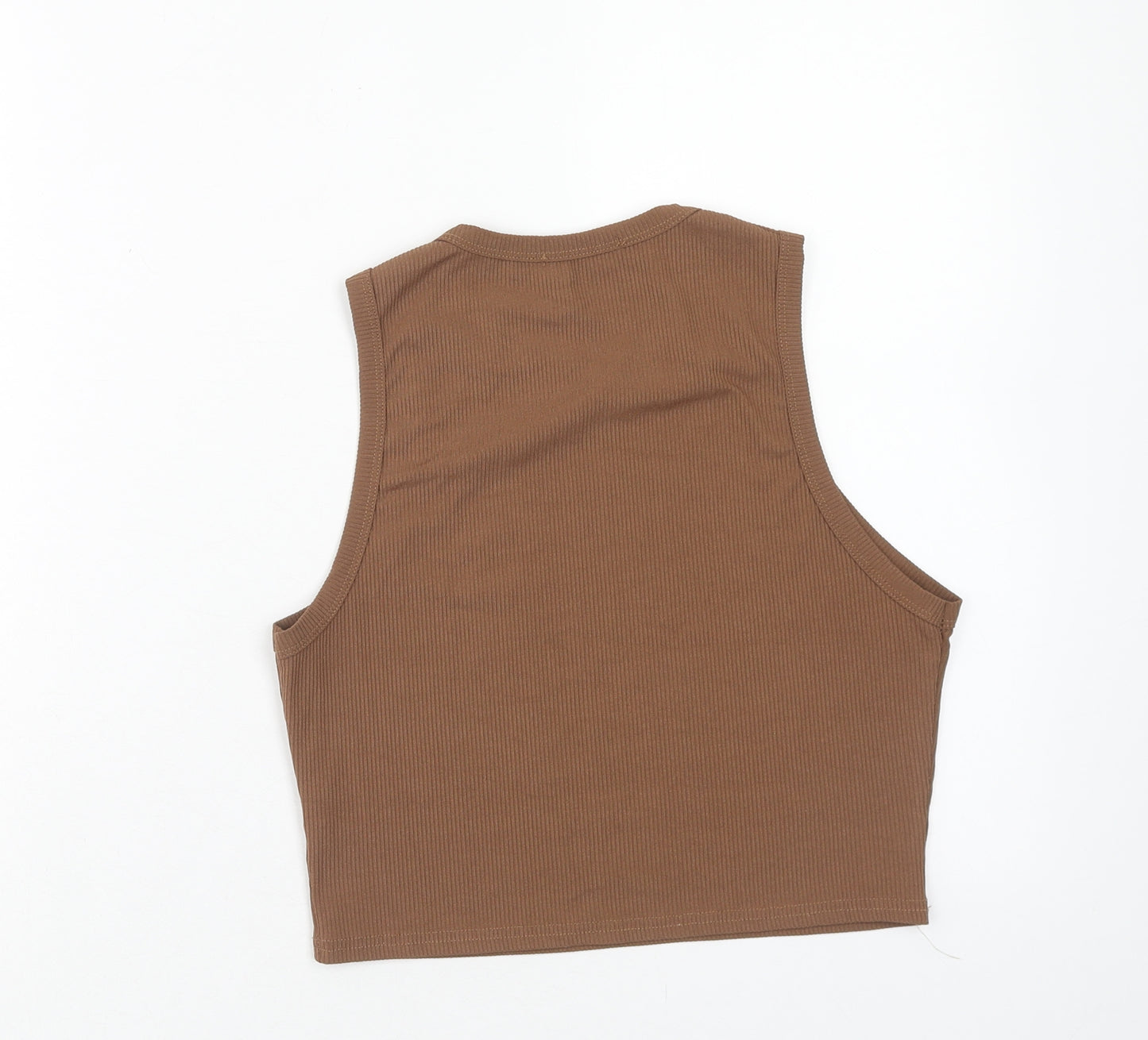 PRETTYLITTLETHING Womens Brown Polyester Cropped Tank Size 12 Scoop Neck - Ribbed