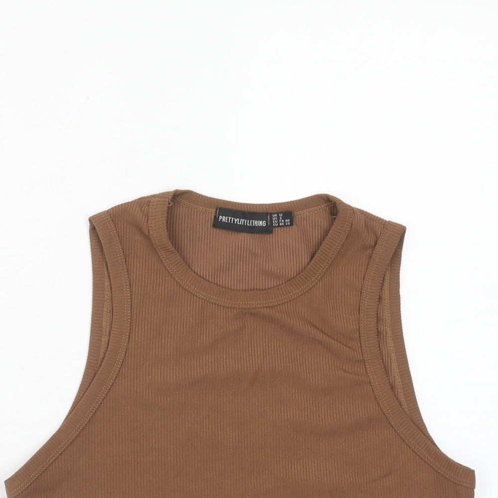 PRETTYLITTLETHING Womens Brown Polyester Cropped Tank Size 12 Scoop Neck - Ribbed