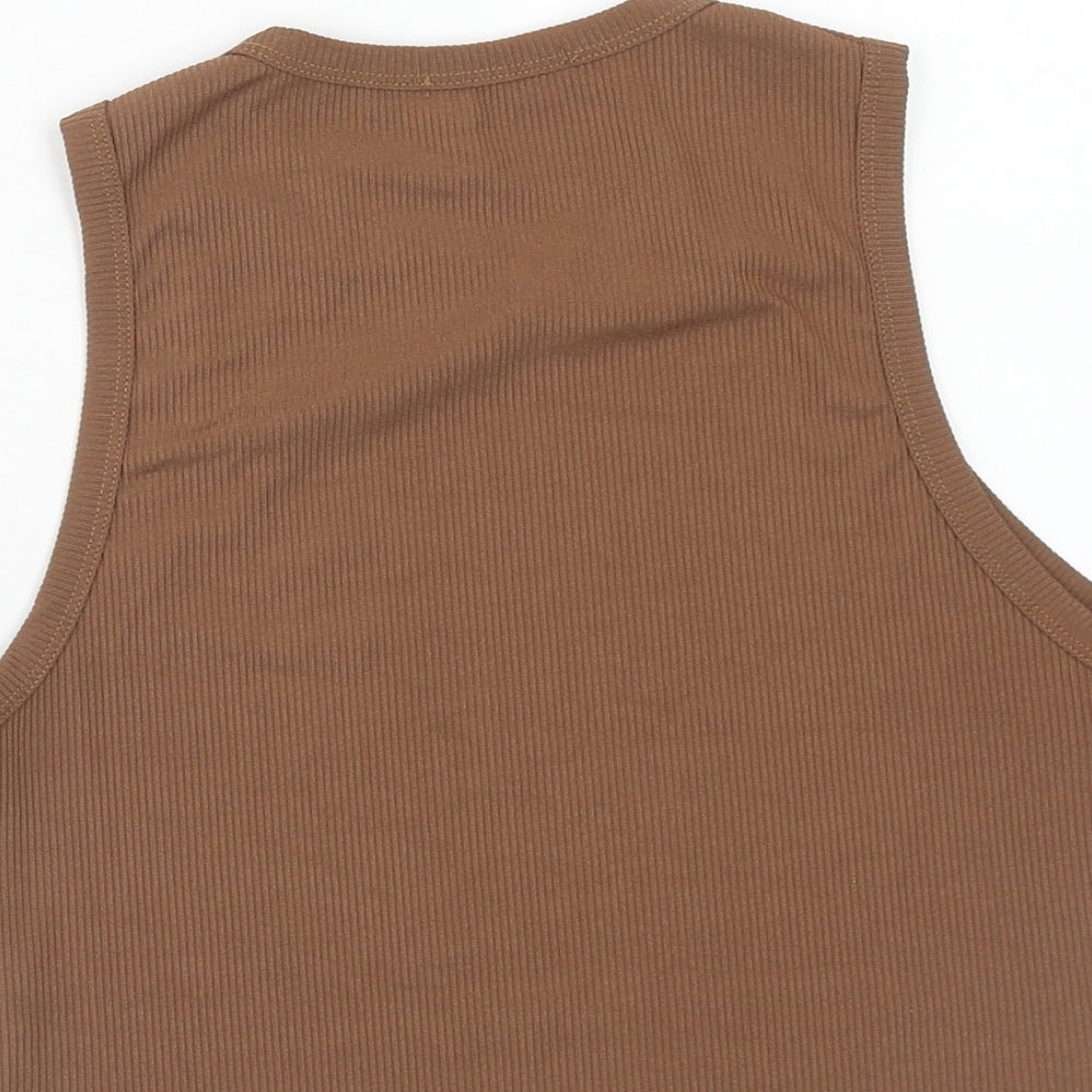 PRETTYLITTLETHING Womens Brown Polyester Cropped Tank Size 12 Scoop Neck - Ribbed