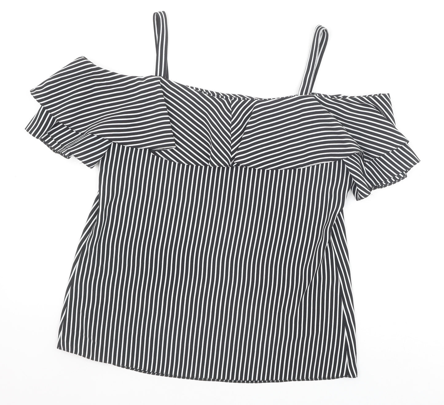 George Womens Black Striped Polyester Basic Blouse Size 10 Off the Shoulder